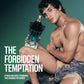 Man holding a perfume bottle with text 'The Forbidden Temptation' on a green background