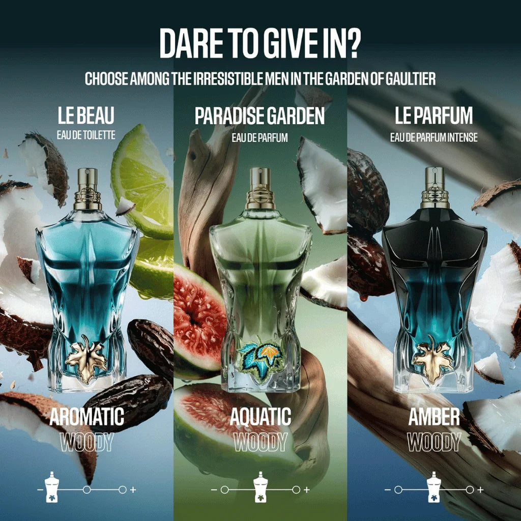 Three men's perfume bottles are shown in a promotional collage with French text and scent names: Le Beau Eau de Toilette in blue, Paradise Garden Eau de Parfum in green, and Le Parfum Eau de Parfum Intense in dark blue-black. The bottles are surrounded by coconut shells, figs, lime, and wood on a blue-to-green gradient background.