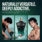 Promotional graphic for a fragrance with large white text reading 'NATURALLY VERSATILE. DEEPLY ADDICTIVE.
