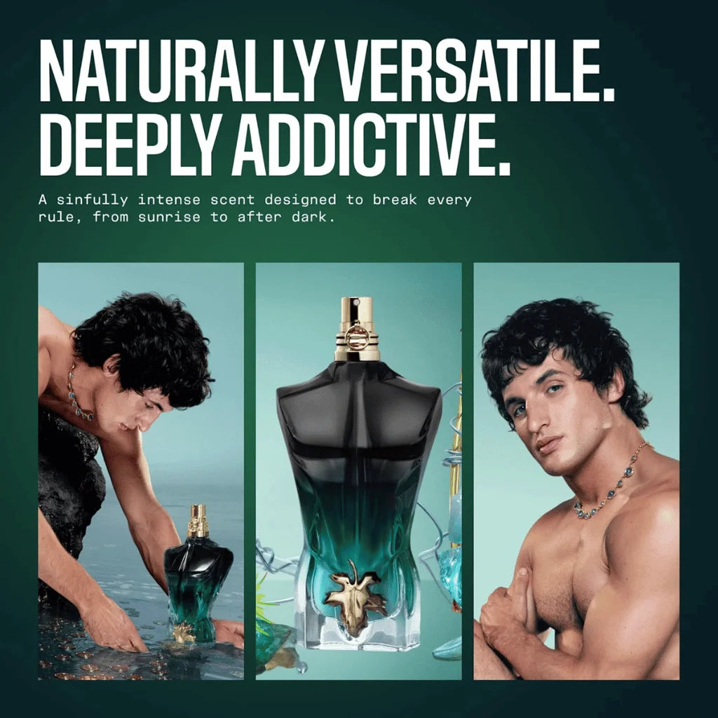 Promotional graphic for a fragrance with large white text reading 'NATURALLY VERSATILE. DEEPLY ADDICTIVE.