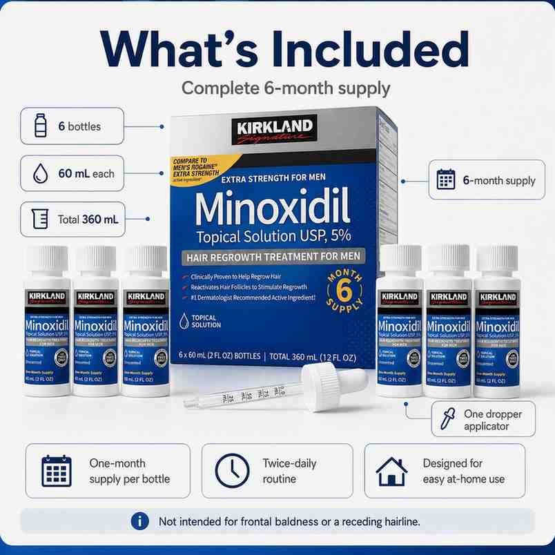 Kirkland Minoxidil Topical Solution packaging with detailed information on a white background