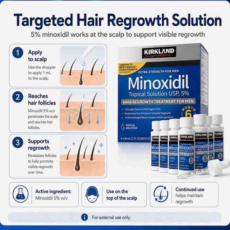 Kirkland Minoxidil hair regrowth solution packaging and usage instructions on a white background.