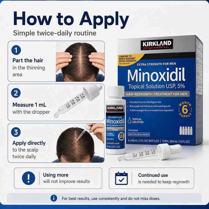 Kirkland Minoxidil hair regrowth treatment packaging with application instructions.