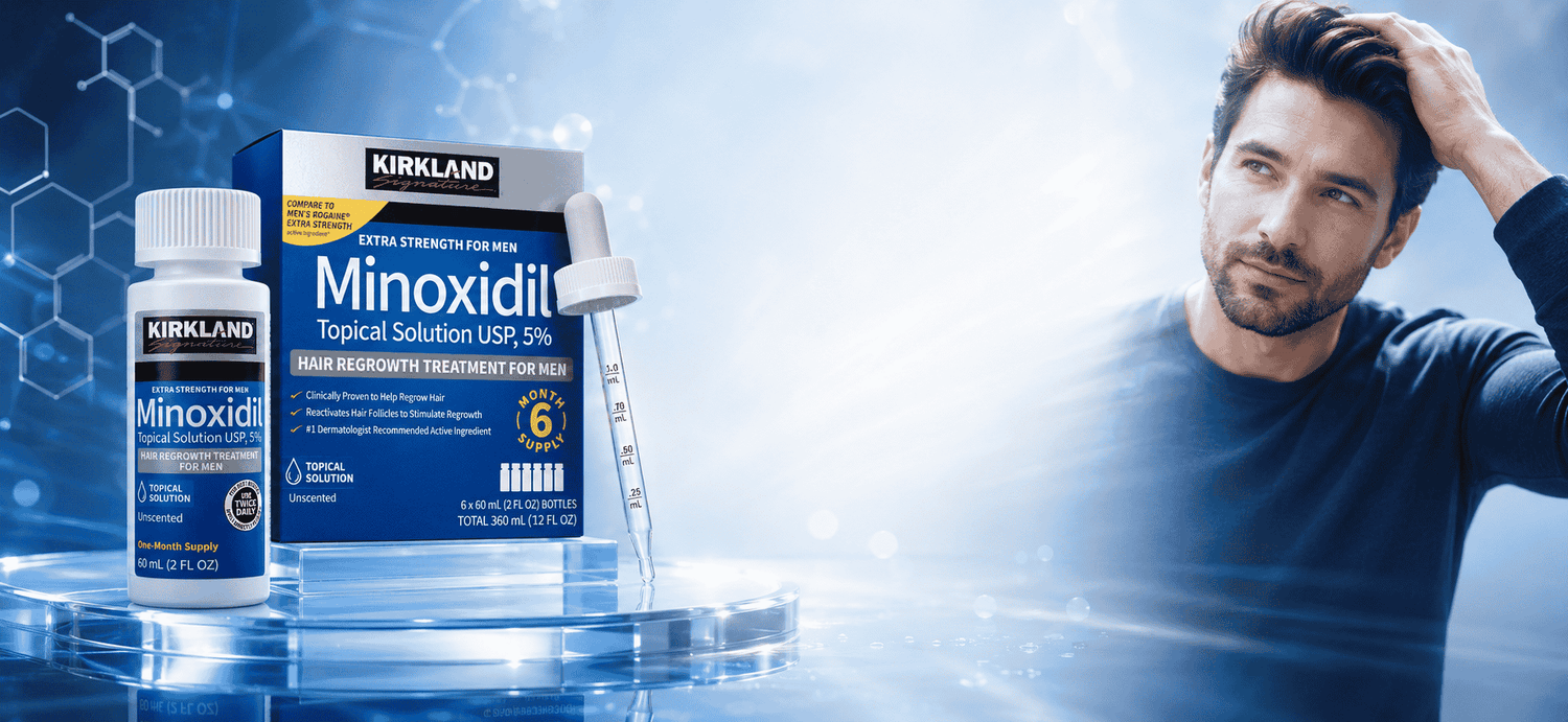 Kirkland Minoxidil packaging with a man in the background