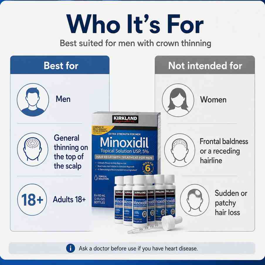 Kirkland Minoxidil packaging with usage instructions for men on a white background