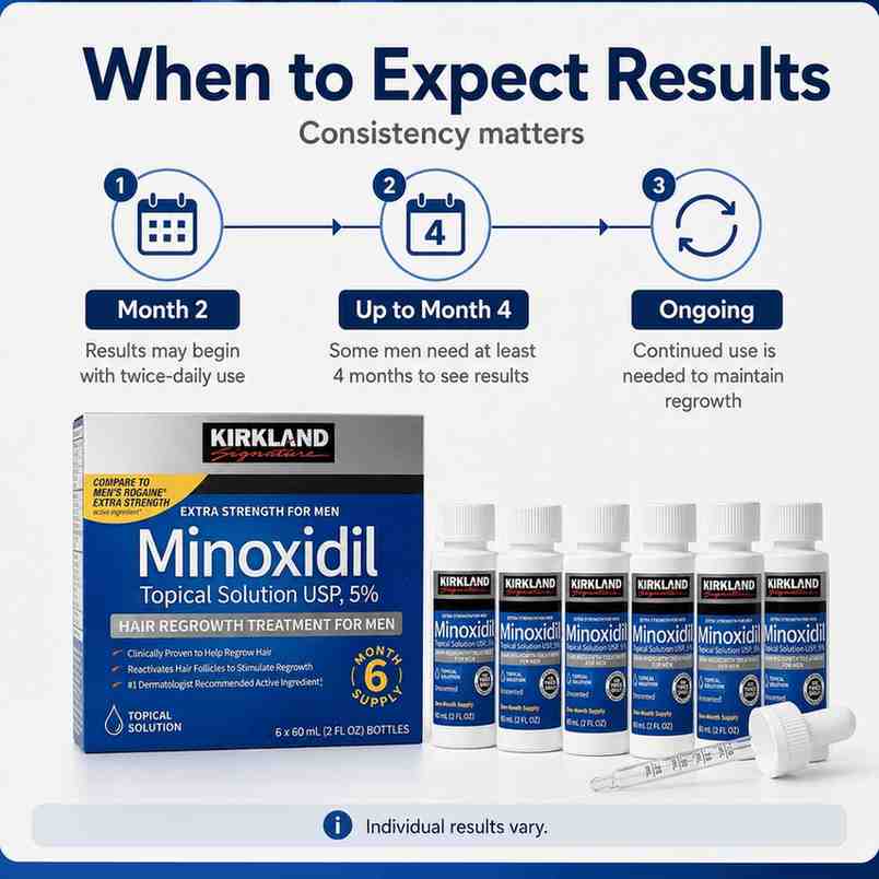 Kirkland Minoxidil product packaging with usage instructions on a white background