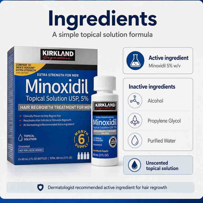 Kirkland Minoxidil topical solution packaging with ingredients list on a white background