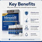Kirkland Minoxidil topical solution packaging with key benefits highlighted on a white background