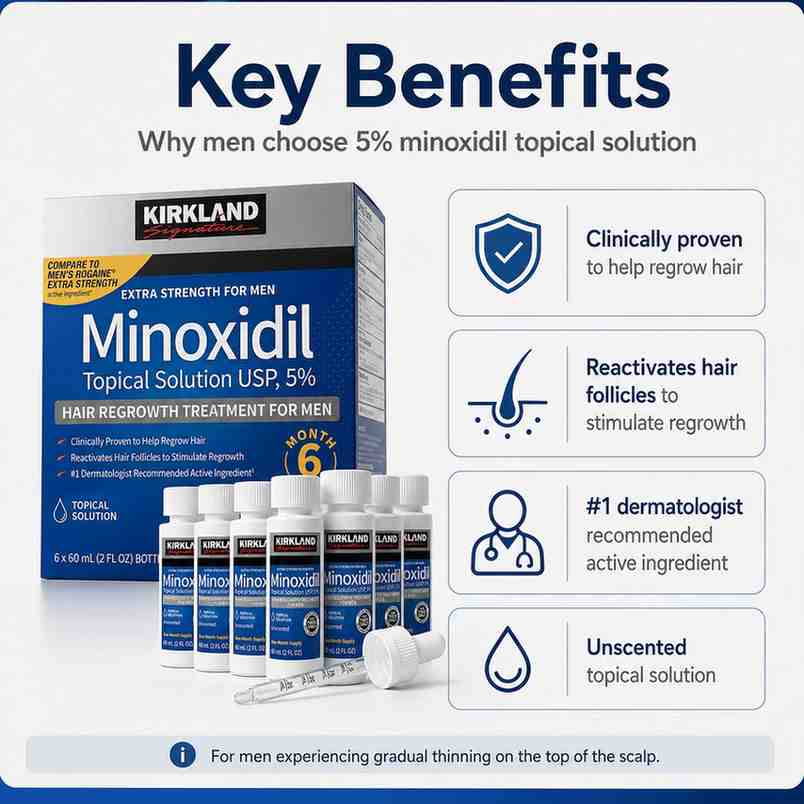 Kirkland Minoxidil topical solution packaging with key benefits highlighted on a white background