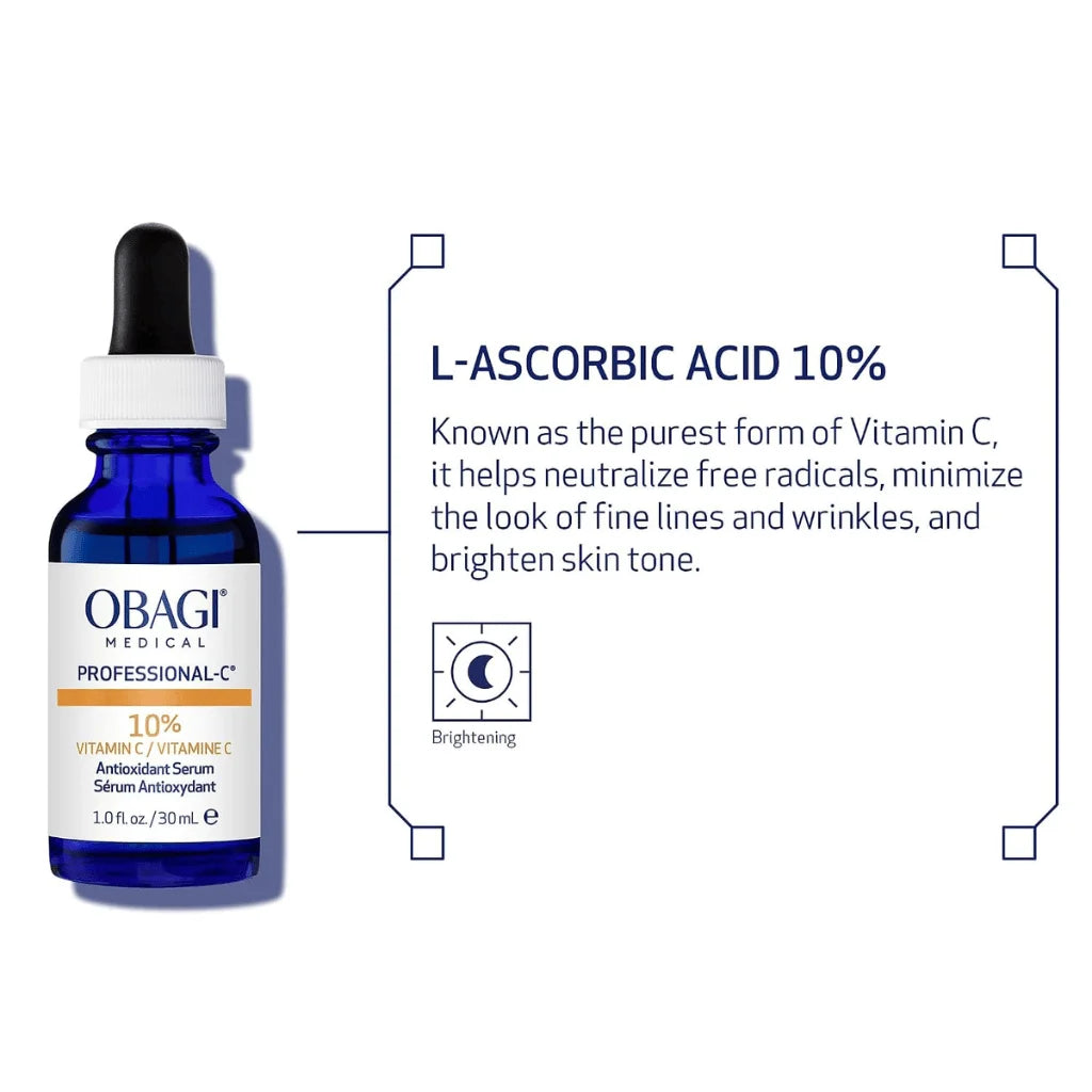 A bottle of Obagi Medical Professional-C 10% L-Ascorbic Acid serum shown next to informational text on a white background.