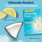 Lumineux Whitening Strips packaging with lemon, coconut, and sea salt on a blue background