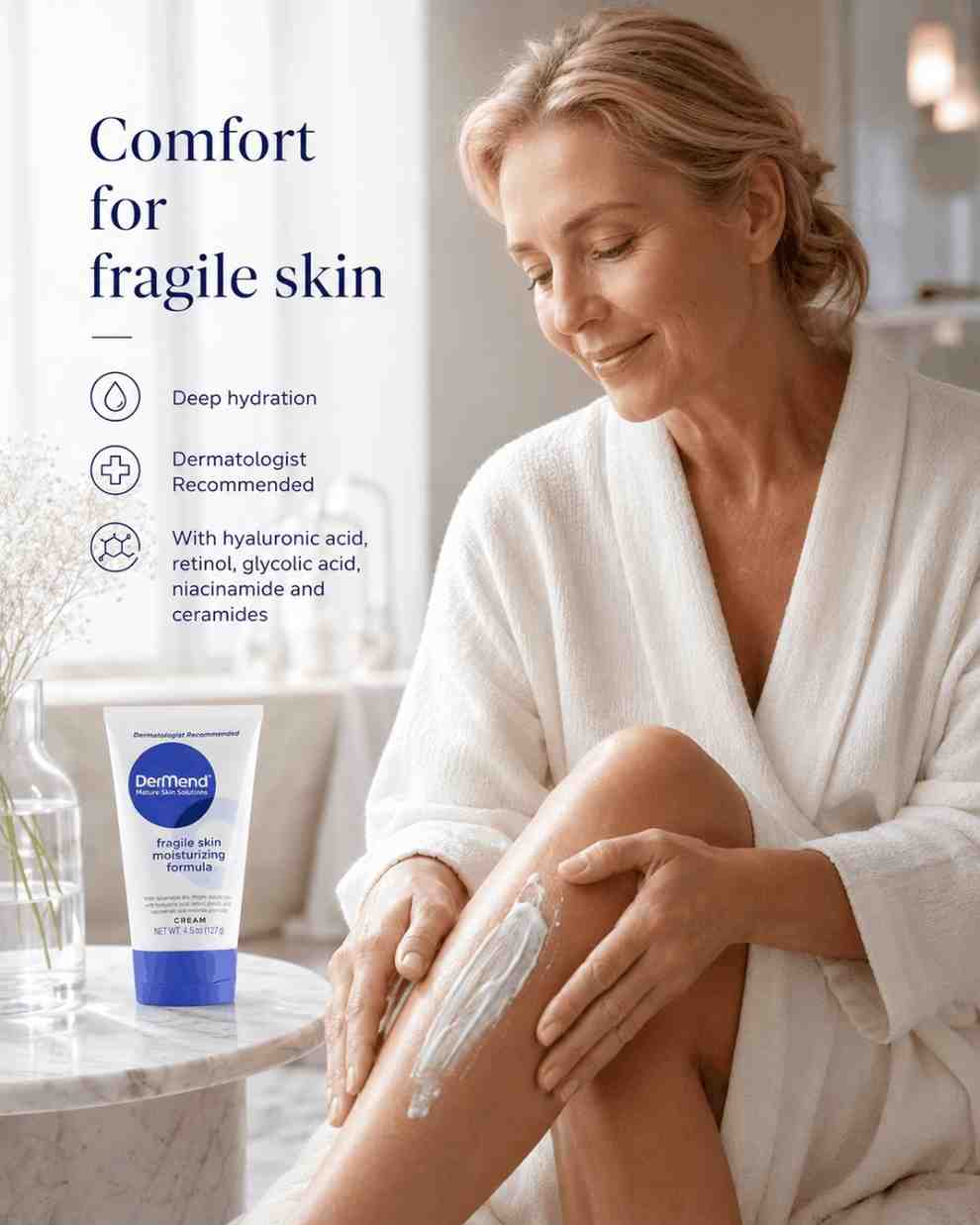Woman applying moisturizer to her leg with a bottle of Dermender product on a marble surface.