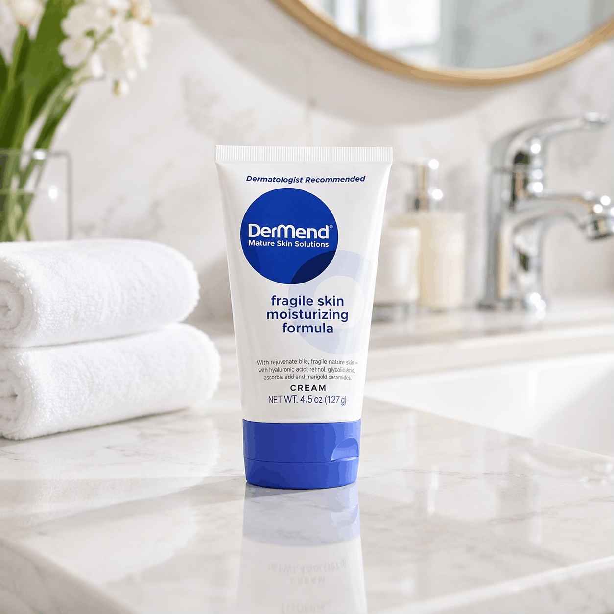 Dermend fragile skin moisturizing formula tube on a bathroom counter with towels and mirror in the background