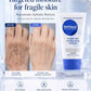 Dermend fragile skin moisturizing formula cream packaging with before and after effects on skin.