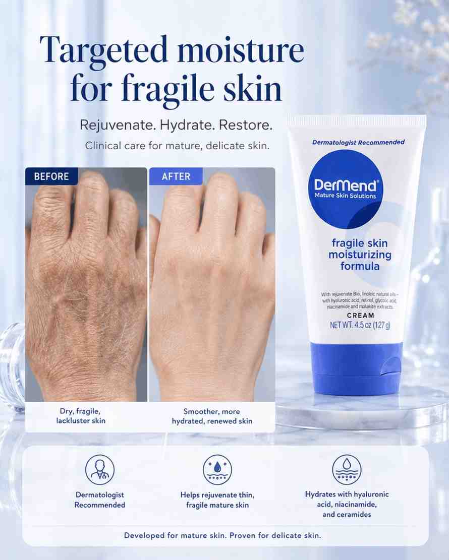 Dermend fragile skin moisturizing formula cream packaging with before and after effects on skin.