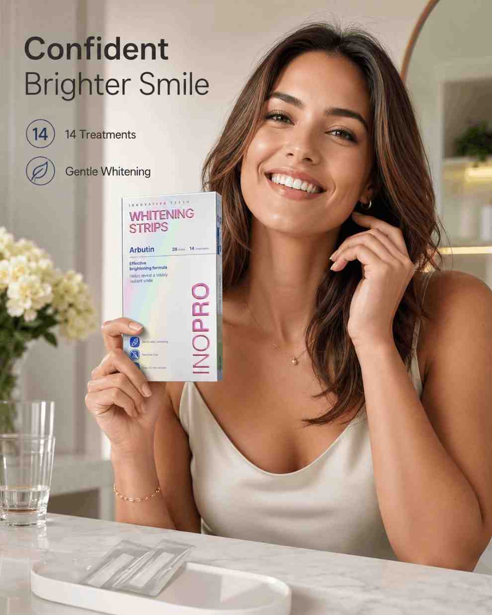 Woman holding INOPRO whitening strips with a bright smile in a bathroom setting