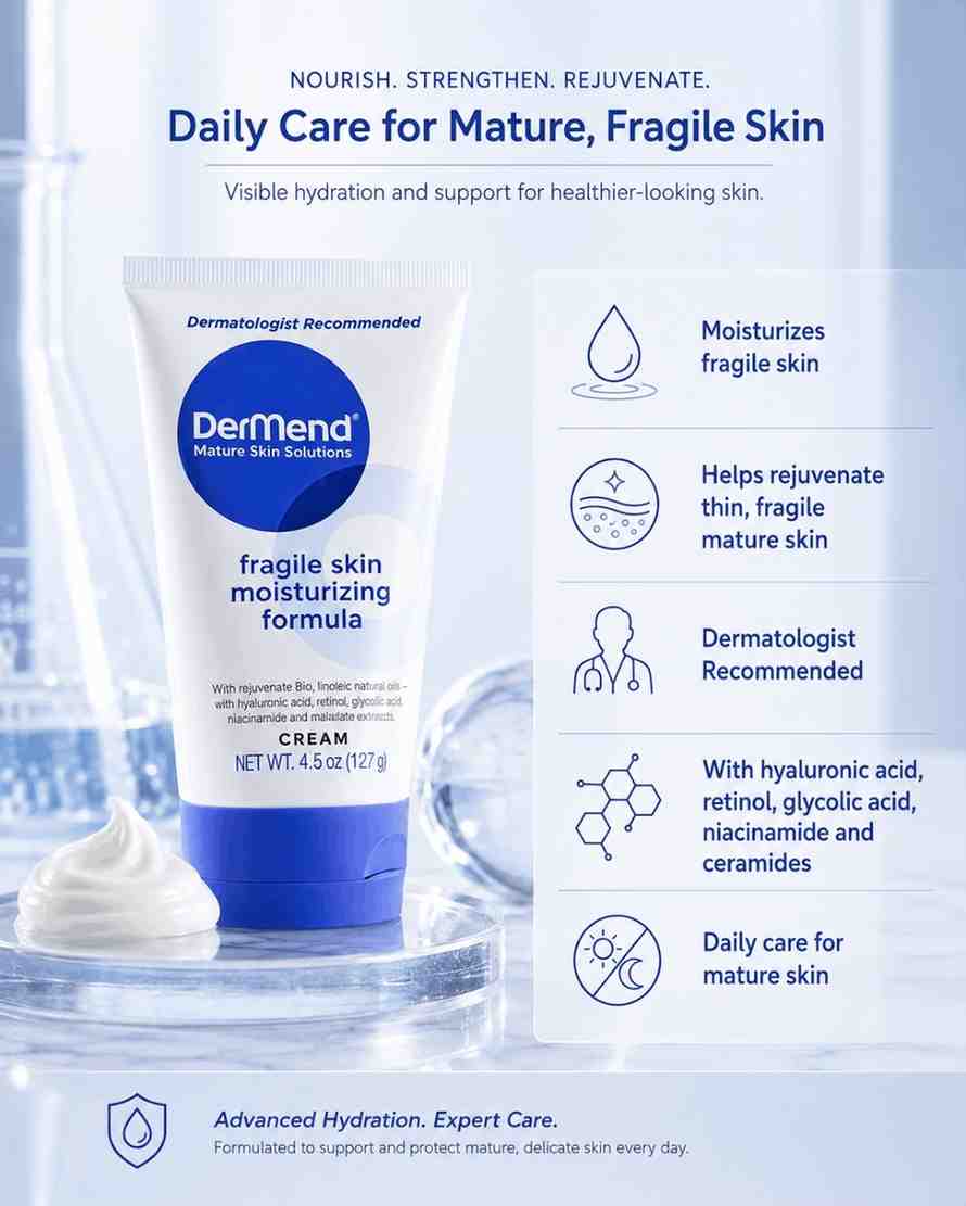 DerfMend fragile skin moisturizing cream with product details on a light blue background