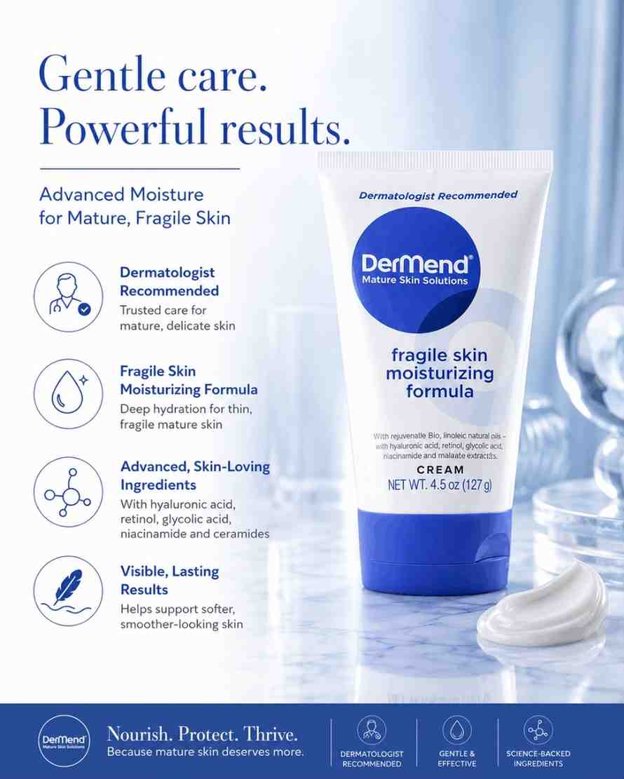 Tube of Dermend fragile skin moisturizing formula on a light blue background