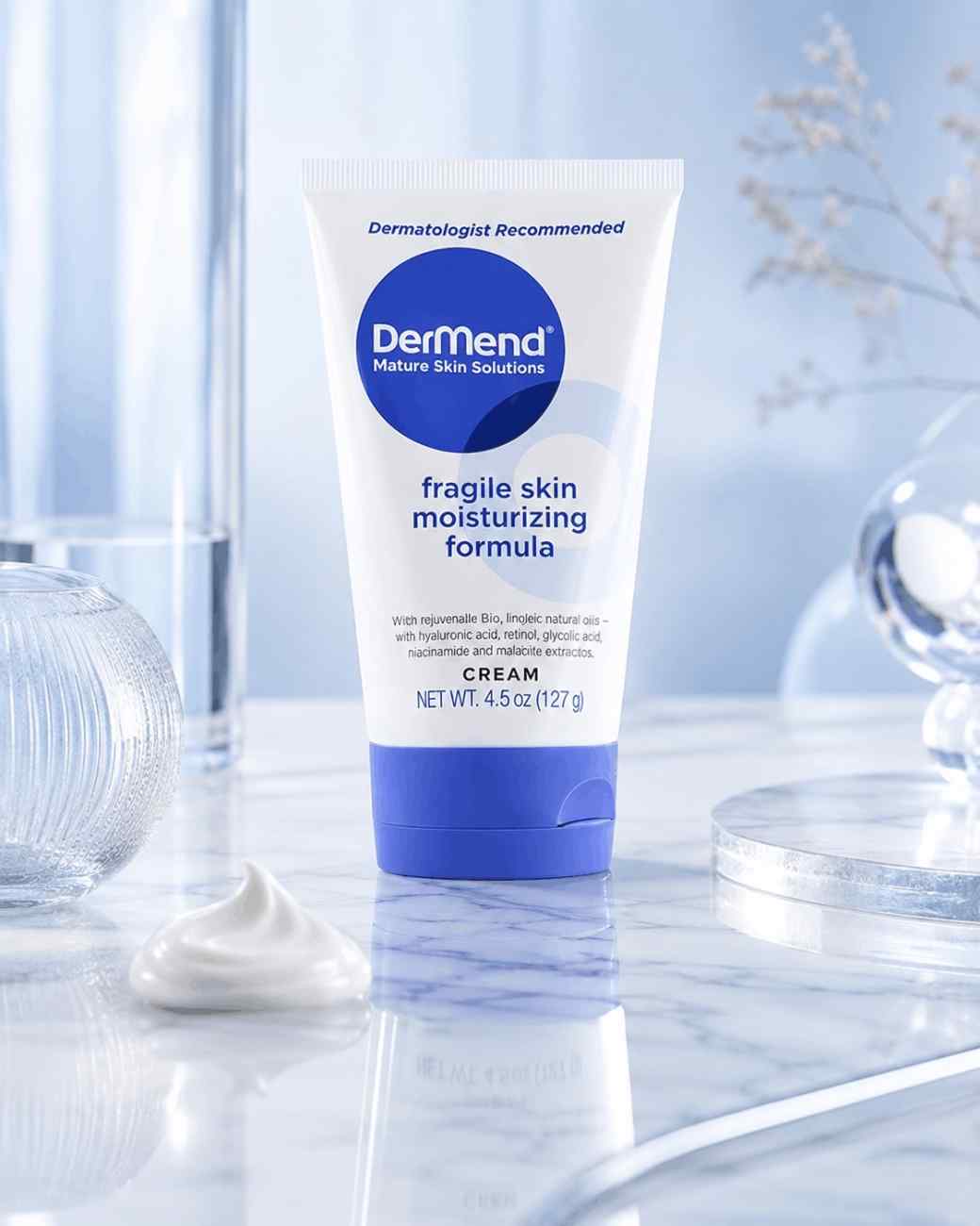 Dermend fragile skin moisturizing formula cream tube on a marble surface with a light blue background
