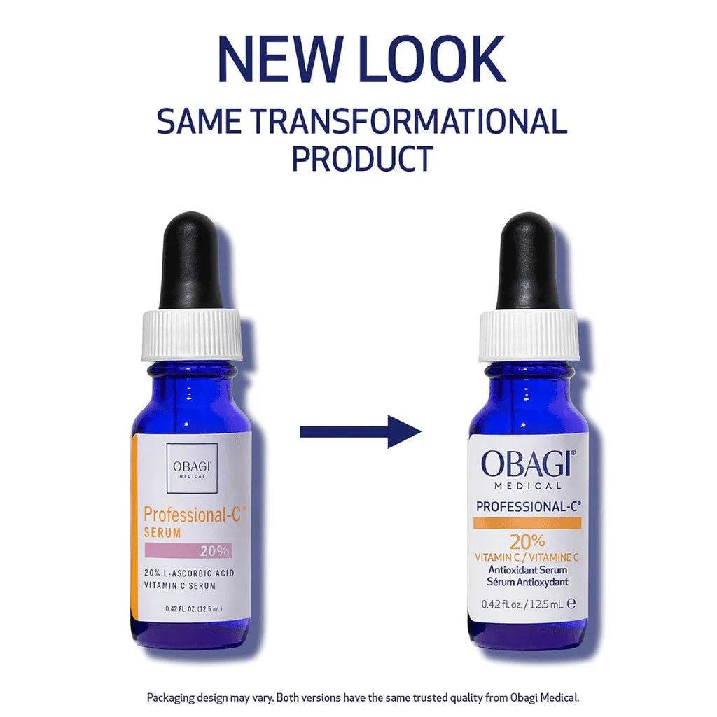 Two bottles of Obagi Professional-C Serum with a white background and text indicating 'New Look, Same Transformational Product'.