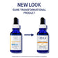 Two blue glass dropper bottles of Obagi Medical Professional-C Serum shown side by side on a white background, with large text above reading 'NEW LOOK SAME TRANSFORMATIONAL PRODUCT' and a blue arrow between the bottles.
