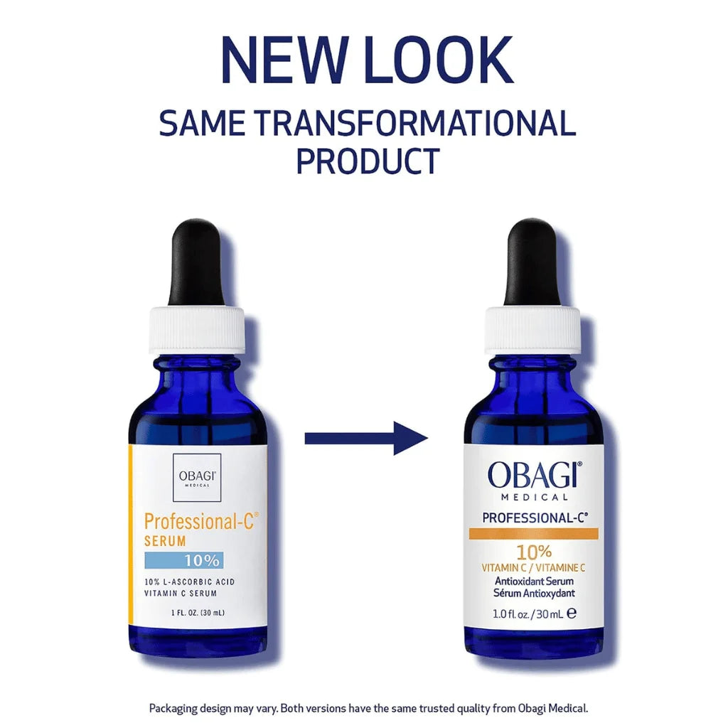 Two blue glass dropper bottles of Obagi Medical Professional-C Serum shown side by side on a white background, with large text above reading 'NEW LOOK SAME TRANSFORMATIONAL PRODUCT' and a blue arrow between the bottles.