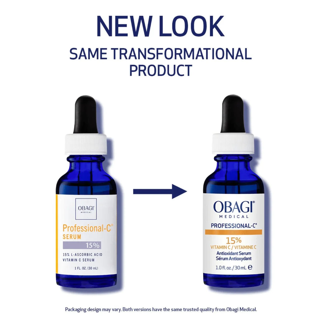 Obagi Professional-C Serum bottles with text indicating a new look but same transformational product.