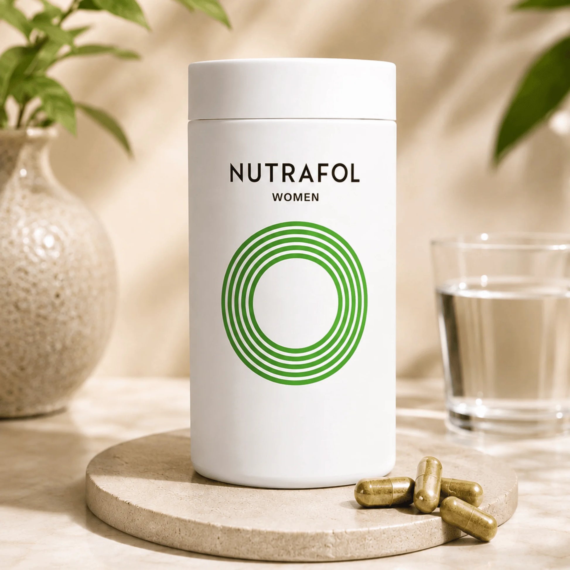 A white cylindrical bottle labeled 'NUTRAFOL WOMEN' with a green concentric circle logo, standing on a round stone coaster. Gold capsules are scattered beside it, with a glass of water and soft-focus plants in the background.
