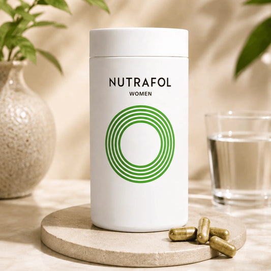 A white cylindrical bottle labeled 'NUTRAFOL WOMEN' with a green concentric circle logo, standing on a round stone coaster. Gold capsules are scattered beside it, with a glass of water and soft-focus plants in the background.