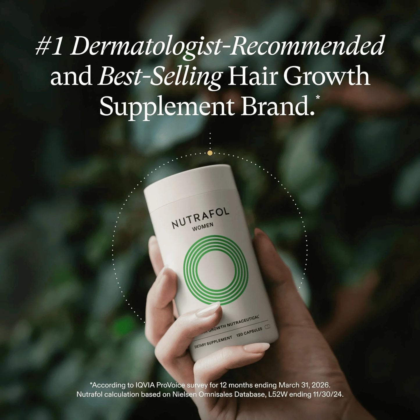 A hand holding a white cylindrical bottle of Nutrafol Women hair growth supplement against a dark, blurred green background with promotional text at the top.
