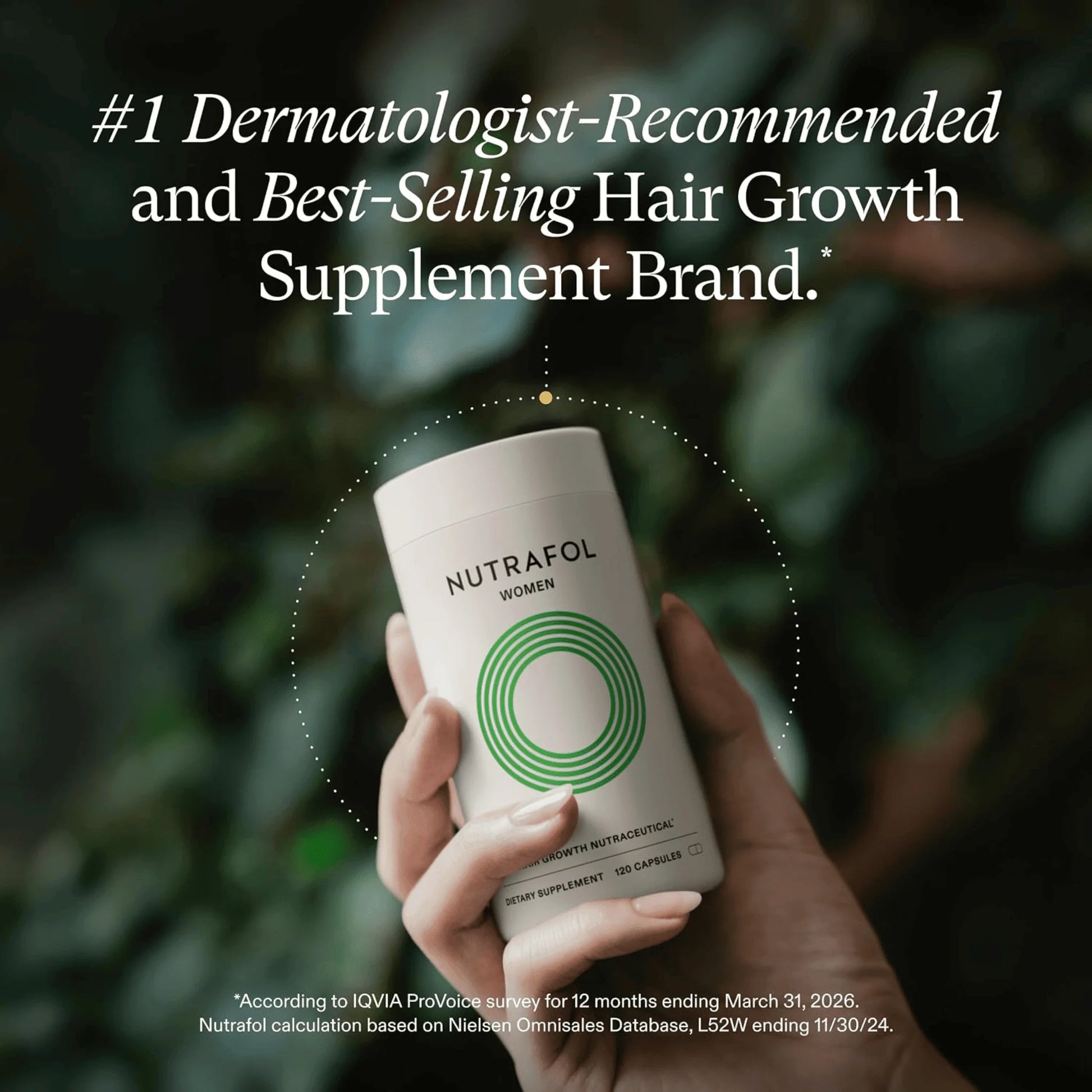 A hand holding a white cylindrical bottle of Nutrafol Women hair growth supplement against a dark, blurred green background with promotional text at the top.