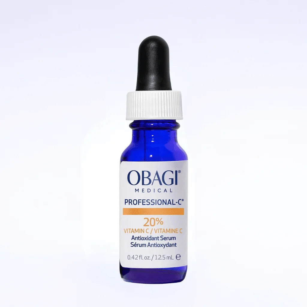 A cobalt blue glass dropper bottle of Obagi Medical Professional-C 20% Vitamin C Antioxidant Serum, featuring a white label and a black rubber dropper cap, set against a clean white background.