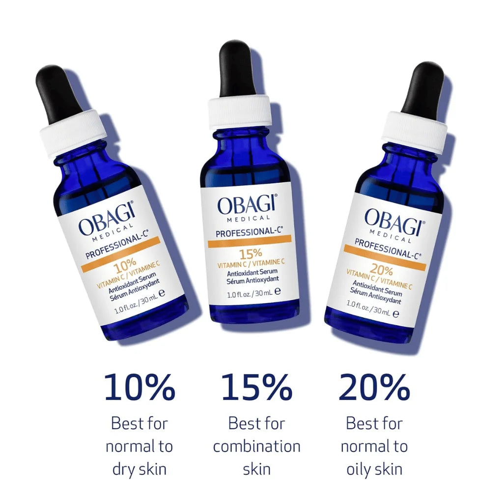 Three bottles of Obagi Medical serum with different vitamin C percentages on a white background