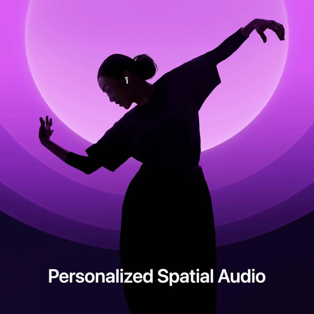 Silhouette of a person with arms outstretched against a purple background with 'Personalized Spatial Audio' text.