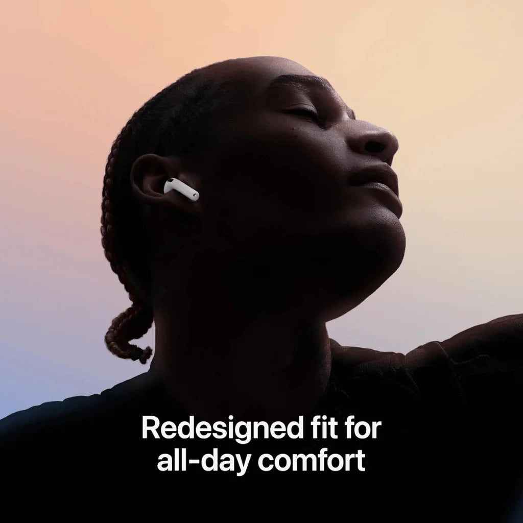 Person wearing wireless earbuds with text 'Redesigned fit for all-day comfort' on a gradient background