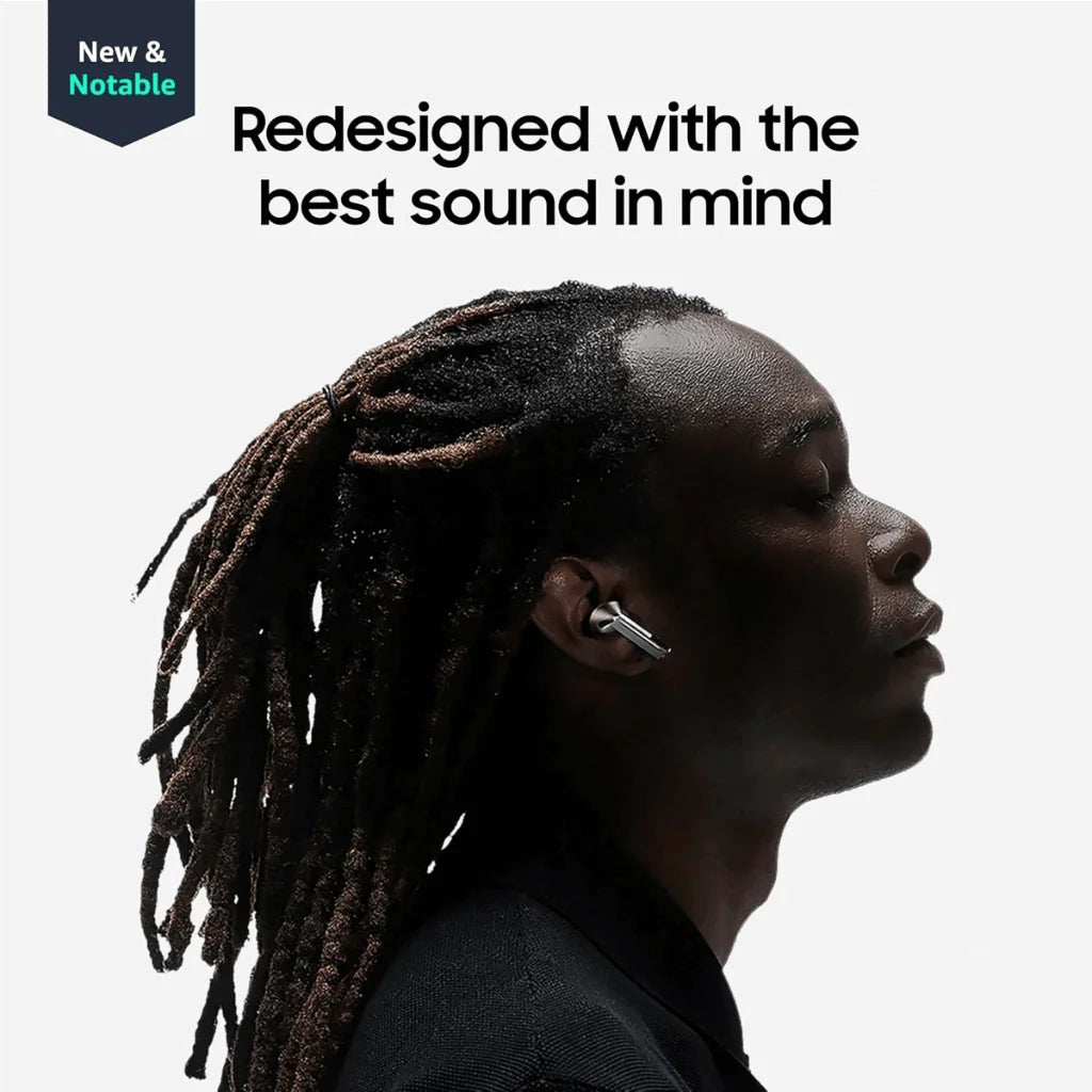 A side-profile portrait of a person with long dark dreadlocks wearing a small white in-ear earbud. Large text at the top reads 'Redesigned with the best sound in mind,' and a small 'New & Notable' badge appears in the upper left on a light gray background.