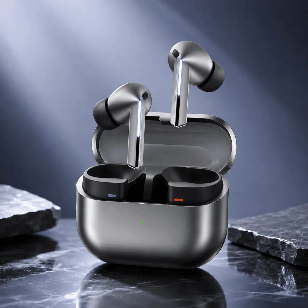 True wireless earbuds in a metallic silver charging case, shown open with the earbuds resting inside. The earbuds have black tips and stems with reflective silver metallic accents.