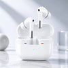 White true wireless earbuds with metallic silver stems resting in an open white charging case on a light marble surface.