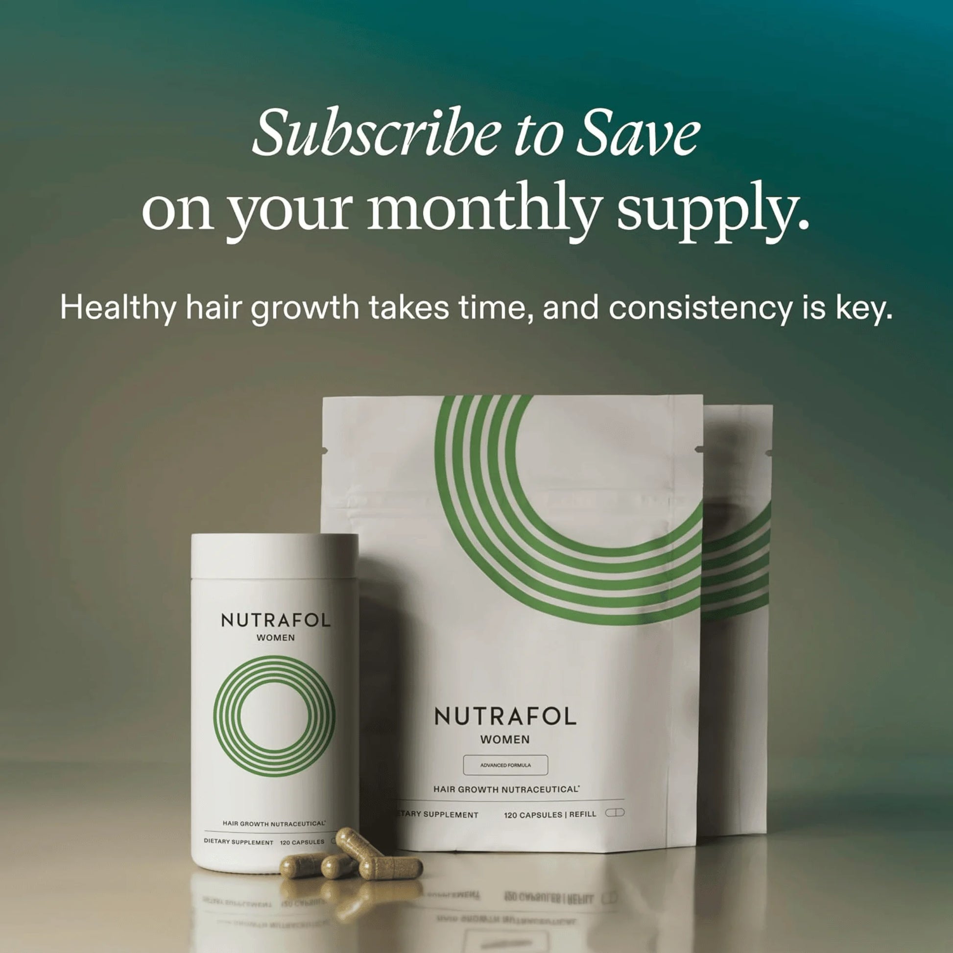 Nutrafol Women hair supplement packaging shown on a reflective surface with a dark teal gradient background and promotional text reading 'Subscribe to Save on your monthly supply.' The products include a white cylindrical bottle, a larger white pouch, and loose capsules.