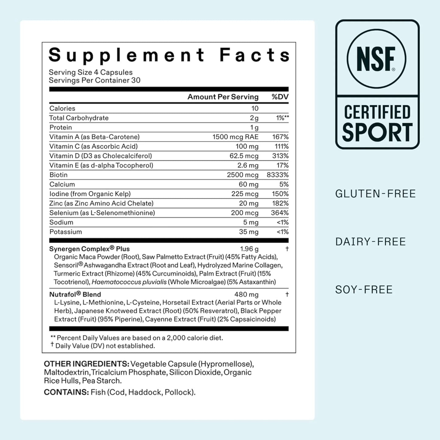 Supplement label with NSF certification logo on a light blue background