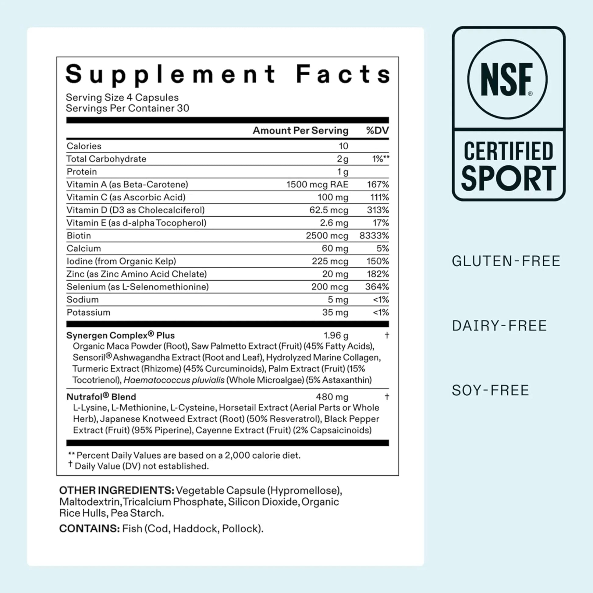 Supplement label with NSF certification logo on a light blue background