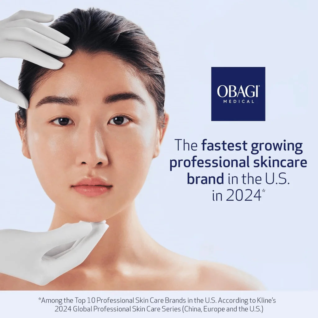 Advertisement for OBAGI Medical featuring a person with skincare treatment and brand logo.
