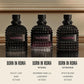 Three Valentino perfume bottles labeled Born in Roma Intense and Born in Roma Extradose, displayed on a reflective surface with a beige background and text labels below.