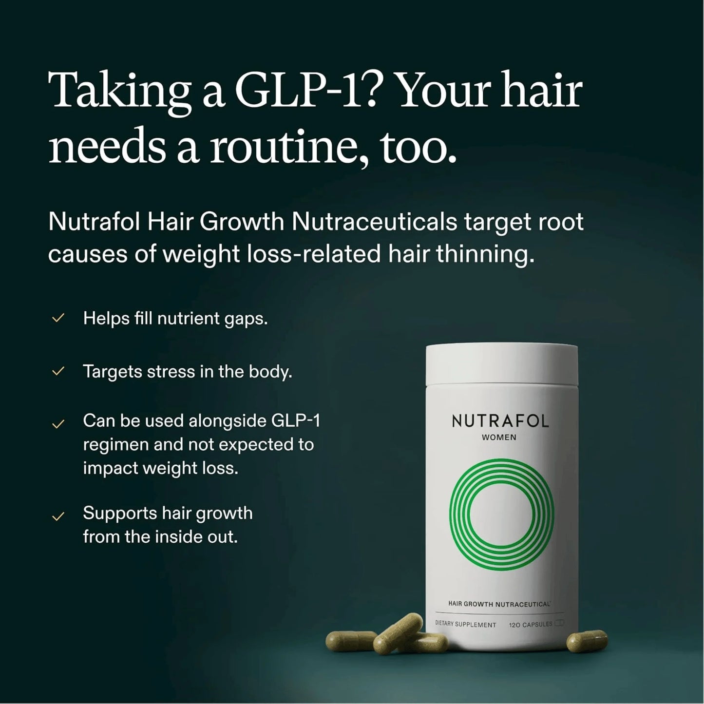Nutrafol hair growth supplement with text on a dark background