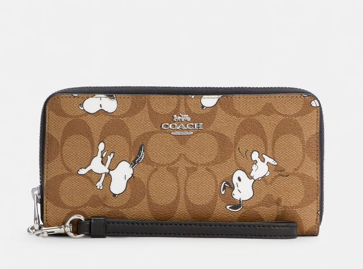 Coach x Peanuts Long Zip Around Wallet with Snoopy and Woodstock, Khaki