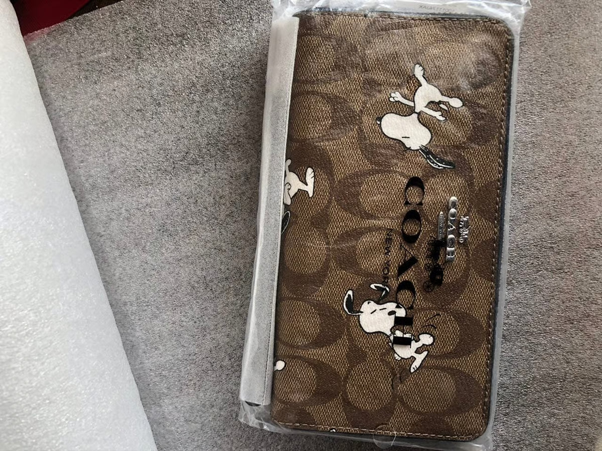 Coach x Peanuts Long Zip Around Wallet with Snoopy and Woodstock, Khaki