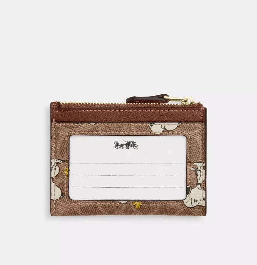 Coach x Peanuts Mini Skinny ID Case, Snoopy Print Signature Canvas, Tan