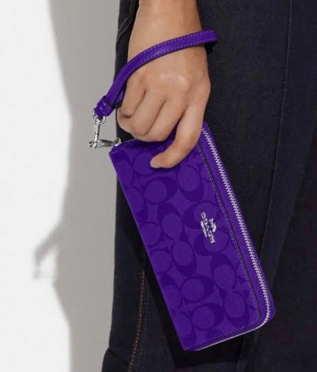 Coach Long Zip Around Wallet with Strap in Purple Signature, C4452