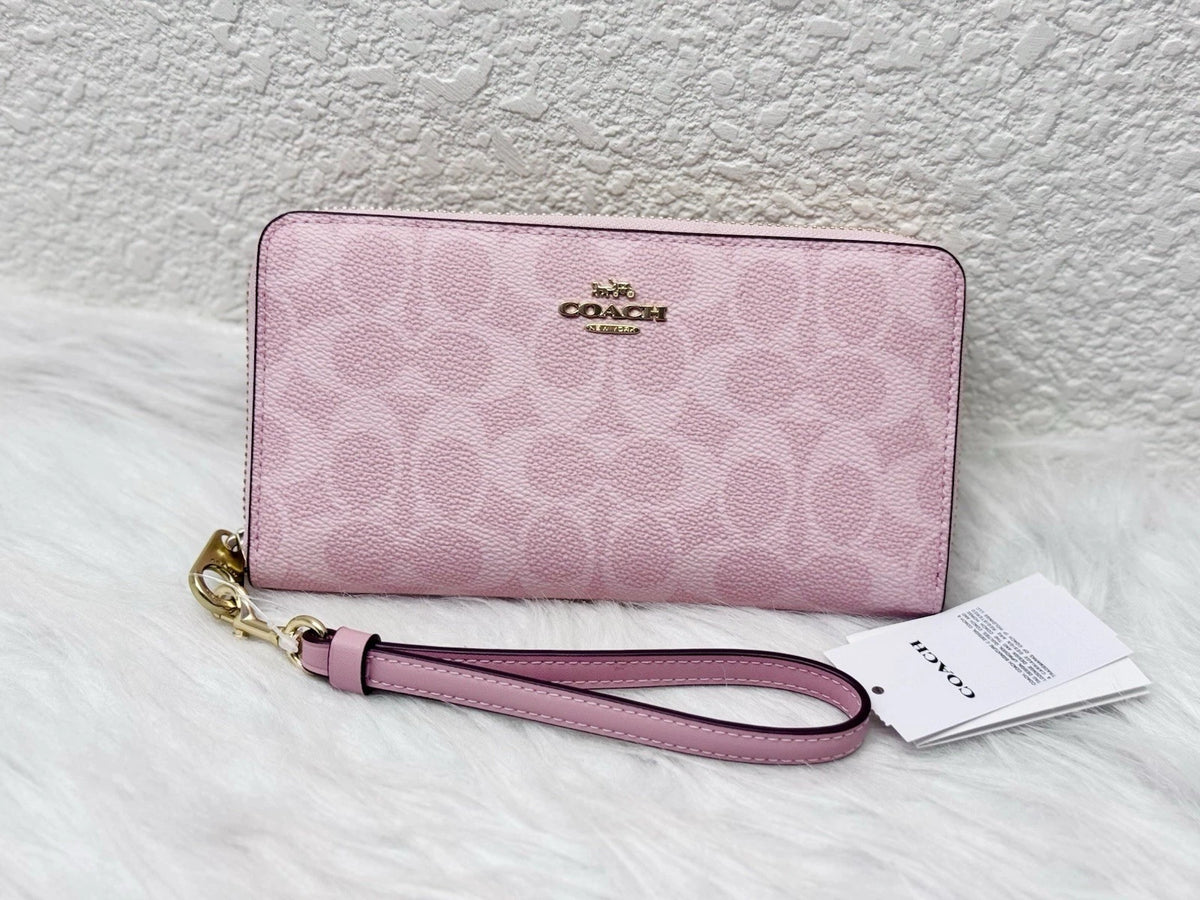 Coach Long Zip Around Wallet in Powder Pink Signature Canvas, CW778