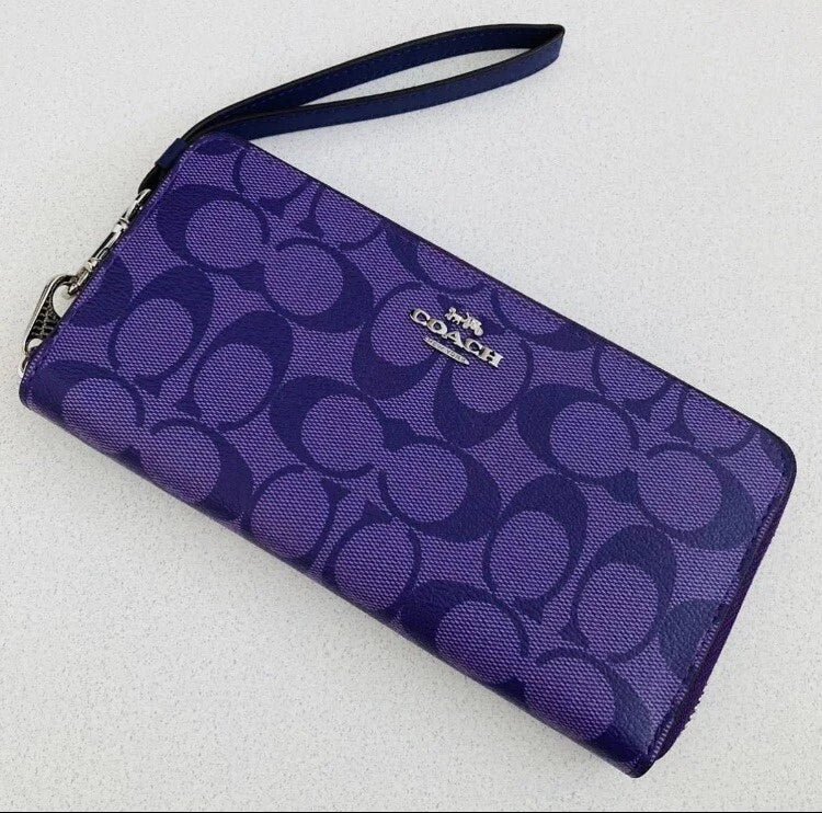 Coach Long Zip Around Wallet with Strap in Purple Signature, C4452